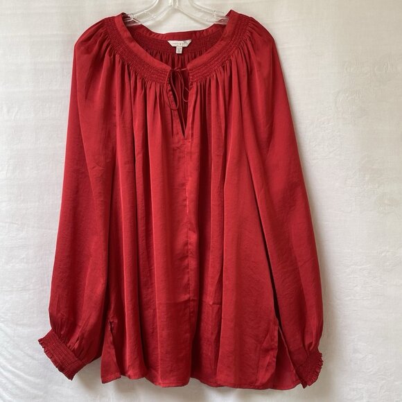 Lucky Brand Womens 3X Plus Blouse Top Red Satin V Neck Long Sleeves Tie Front - Picture 1 of 9